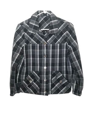 Black White Plaid Shacket Jacket w/ Shoulder Pads Y2K Grunge Button Up